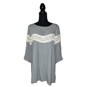 Kori Tunic Top Gray Lace Blouse Long 3/4 Length Sleeves Keyhole Women’s L